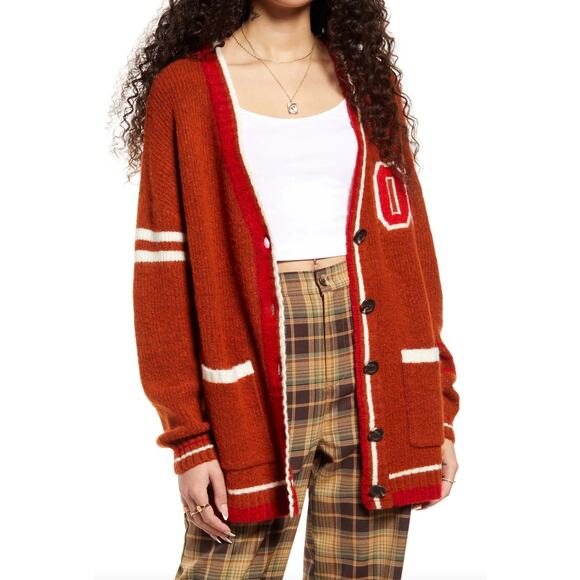 NWT BP Nordstrom Womens‎ Oversized Varsity Cardigan Rust Ivory Taylor Swift - Picture 5 of 16